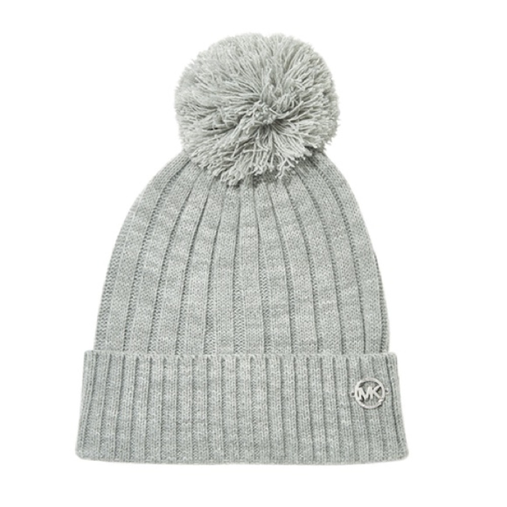 NWT MICHAEL KORS. Beanie with PomPom Silver MK emblem stitched on Cuff